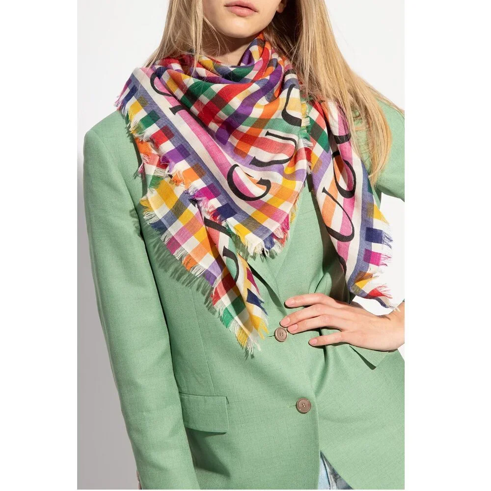 Gucci Multicolor Stripe Check Wool Shawl/Scarf - Picture 2 of 16